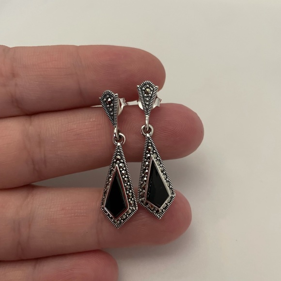 Sterling Silver Kite Black Onyx Marcasite Earrings - Picture 2 of 4